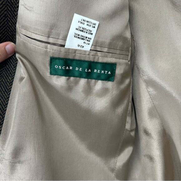 Oscar De La Renta Brown Herringbone Wool Blazer Size 43R - Picture 7 of 10